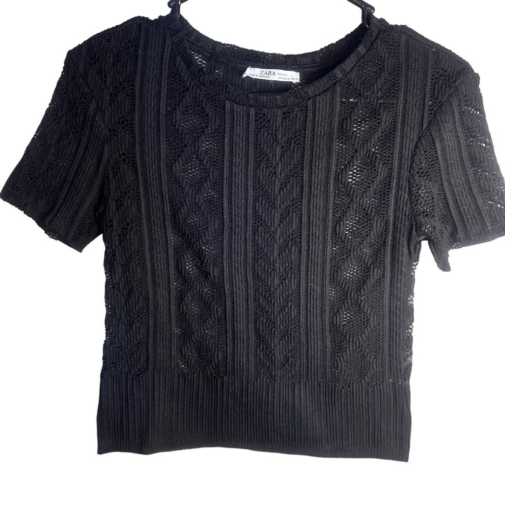 Zara Black Lace Knit Short-Sleeve Womens Top Size S Ribbed Hem Elegant Design - Picture 7 of 16